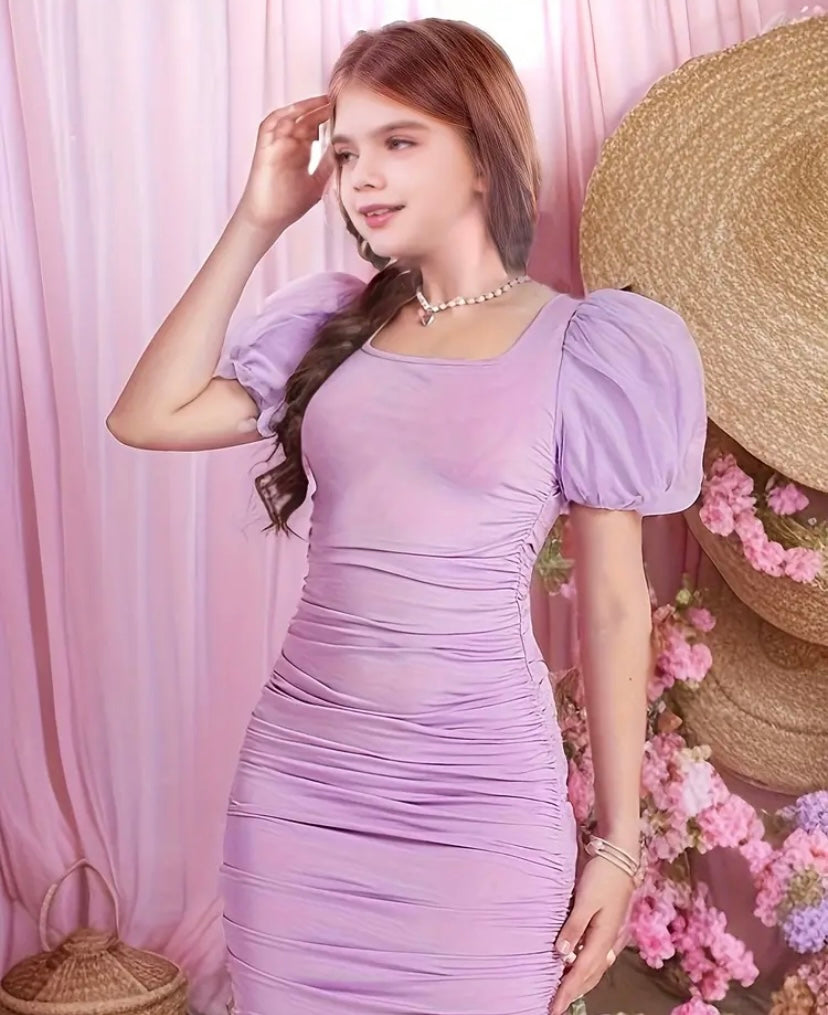 Lavender Girls Puff Sleeve Ruched Bodycon Dress Lavender Girls Puff Sleeve Ruched Bodycon Dress