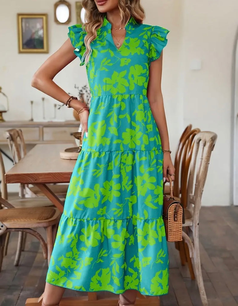 Green Floral V-Neck Tier Ruffle Maxi Dress Pretty In Pink Boutique, LLC Green Floral V-Neck Tier Ruffle Maxi Dress Pretty In Pink Boutique, LLC