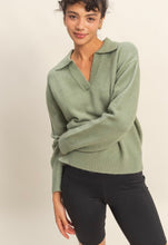 Sage Green Knit Collared V-Neck Sweater