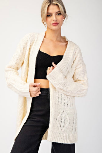 Cream Crochet Pattern Tunic Length Open Cardigan