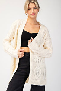 Cream Crochet Pattern Tunic Length Open Cardigan