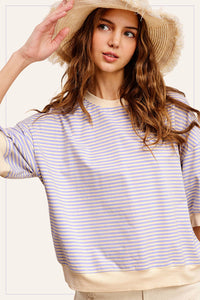 Lavender Loose Fit Striped Short Sleeve Crew Neckline Top