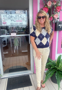 Navy Argyle Knit Sweater Top and Matching Skirt