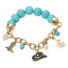 Silver Western Cowboy Hat Boot Flower Pearl Charm Beaded Stretch Bracelet