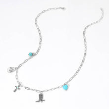 Silver 14K Gold Dipped Western Hat Boot Cross Turquoise Heart Stone Charm Station Paperclip Chain Necklace