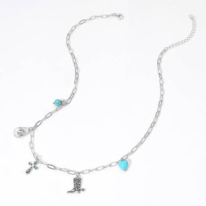 Silver 14K Gold Dipped Western Hat Boot Cross Turquoise Heart Stone Charm Station Paperclip Chain Necklace