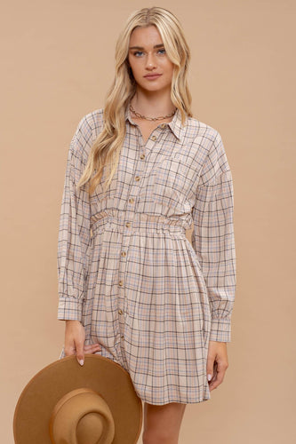 Beige Multi Plaid Collared Button Down Long Sleeve Dress