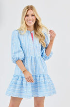 Multi Blue 3/4 Sleeves Tiered Striped Tulip Tapestry Dress
