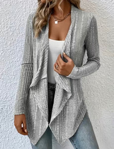 Light Grey Waterfall Collar Rib Knit Open Cardigan