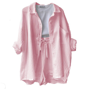 Light Pink Gauze 2pc Long Sleeve Top and Shorts Set