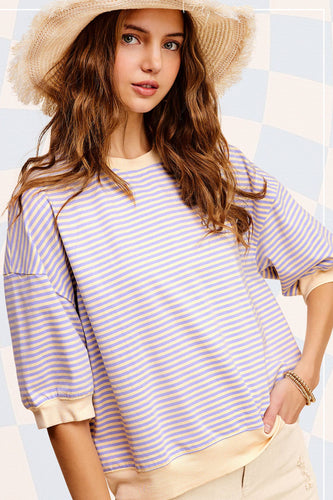 Lavender Loose Fit Striped Short Sleeve Crew Neckline Top