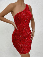 Red Velvet Sequin One Shoulder Bodycon Dress