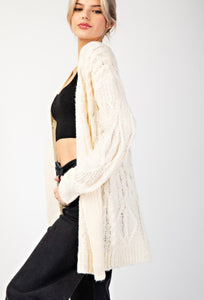 Cream Crochet Pattern Tunic Length Open Cardigan