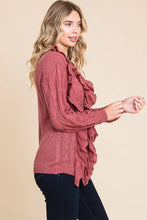 Mauve Button Up Cascade Ruffle Cardigan Sweater