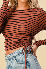 Rust and Black Striped Drawstring Side Cropped Top