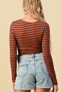 Rust and Black Striped Drawstring Side Cropped Top