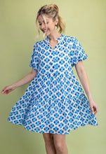Blue Printed Puff Sleeve Mini Dress