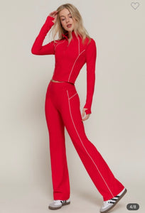 Red/Off White Piping Active Wear 3pc Cami Bra Top, Jacket and Yoga Pants