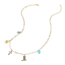 Silver 14K Gold Dipped Western Hat Boot Cross Turquoise Heart Stone Charm Station Paperclip Chain Necklace