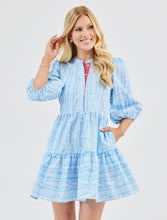 Multi Blue 3/4 Sleeves Tiered Striped Tulip Tapestry Dress