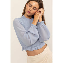 Dusty Blue Smocked Long Sleeve Ruffle Hem Top