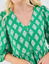 Green 3/4 Sleeve V-Neck Tier Raya Mini Dress