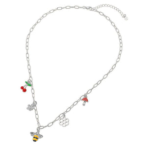 14k Gold Dipped Honey Bee Honey Comb Cherry Flower Mushroom Charm Station Paperclip Chain Necklace
