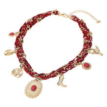 Burgundy/Gold Western Themed Charm Fabric Braided Necklace