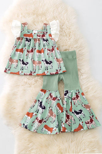 Sage Green Girls Multi-Cow Print Tunic Top & Matching Bell Bottom Set
