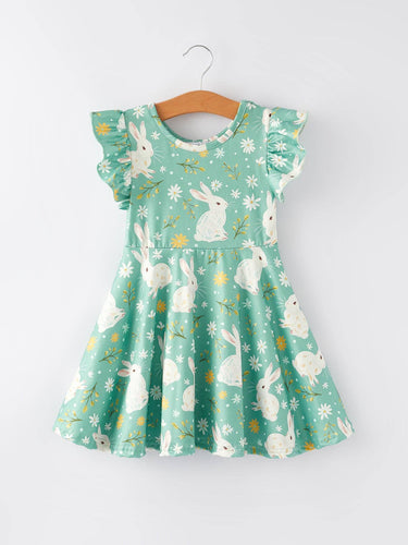 Girls Green Easter Bunny Flutter Sleeves Twirl Dress
