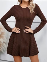 Chocolate Brown Ribbed Long Sleeve Skater Flare Dress