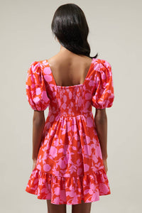 Pink and Cherry Red Puff Sleeve Floral Ruffle Hem Mini Dress