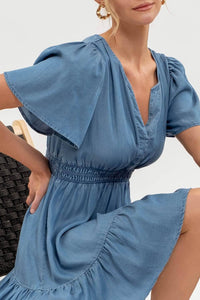 Blue Chambray Flounce Sleeve Ruffle Hem Dress