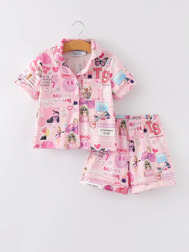 Pink Girls TS Lapel Button Short Sleeve Top & Shorts Pajama Set
