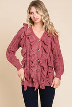 Mauve Button Up Cascade Ruffle Cardigan Sweater