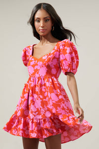 Pink and Cherry Red Puff Sleeve Floral Ruffle Hem Mini Dress