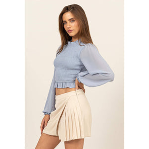 Dusty Blue Smocked Long Sleeve Ruffle Hem Top