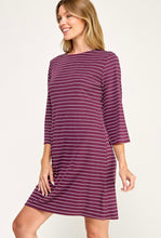 Wine Striped 3/4 Bell Sleeve Shift Dress