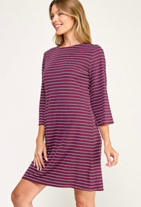 Wine Striped 3/4 Bell Sleeve Shift Dress