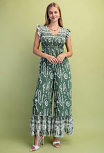 Green Matcha Mixed Print V-Neck Smocked Flutter Sleeve Jumpsuit