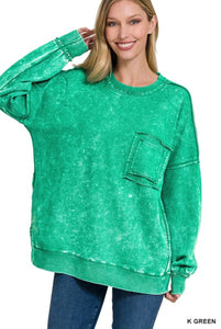 Kelly Green French Terry Acid Wash Front Pocket Pullover Sweatshirt
