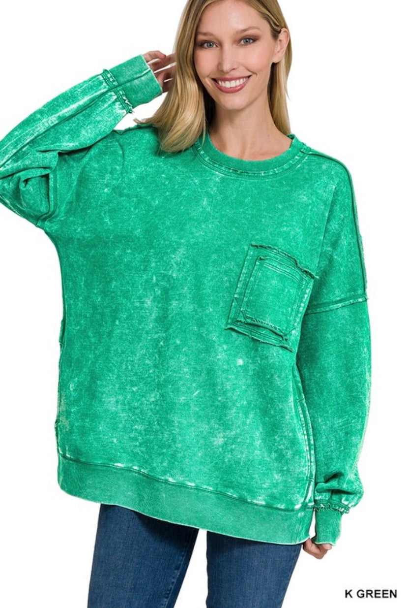 Kelly Green French Terry Acid Wash Front Pocket Pullover Sweatshirt