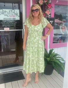 Light Green Floral Scoop Neck Flounce Sleeve Dress