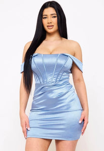 Light Blue Glitter Knit Satin Off The Shoulder Mini Dress