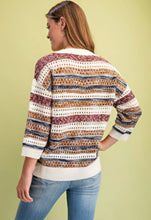 Burgundy Striped Crochet Knit Sweater