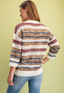Burgundy Striped Crochet Knit Sweater