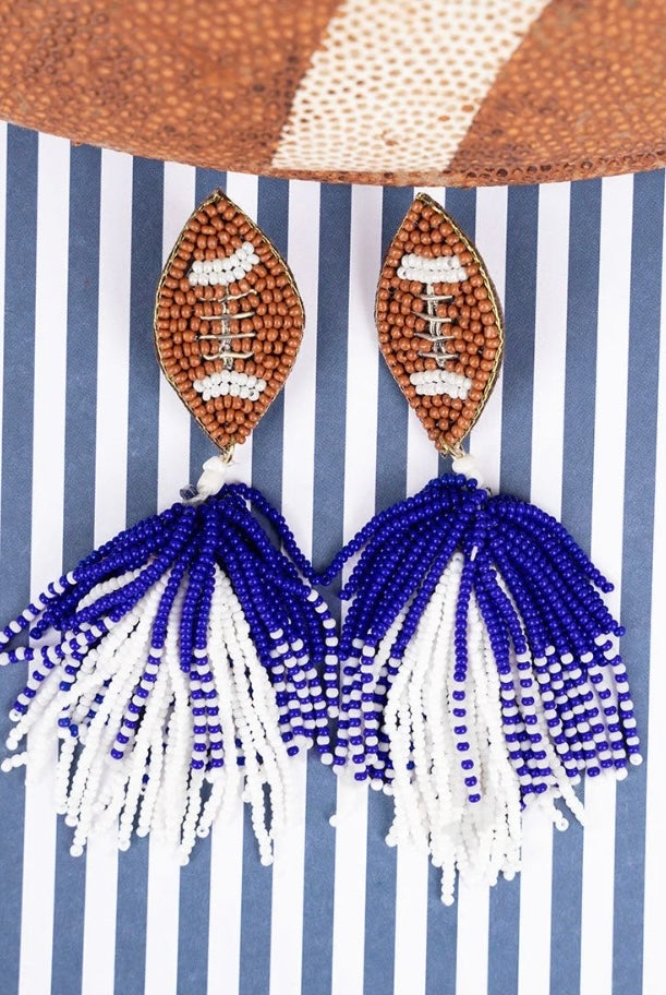 Royal Blue and White Seed Bead Dangle Football Earrings