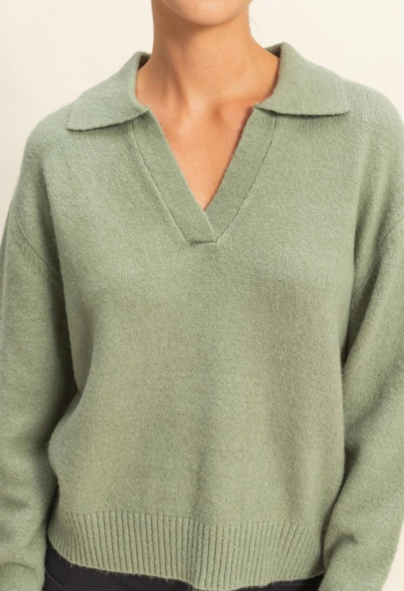 Sage Green Knit Collared V-Neck Sweater