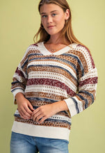 Burgundy Striped Crochet Knit Sweater
