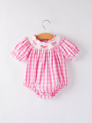 Pink Gingham Infant Girls Horse Embroidery Smocking Romper